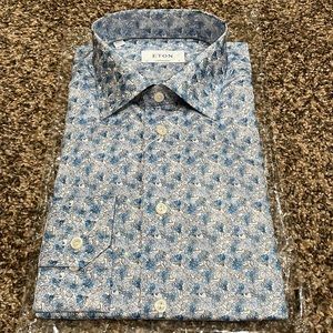 BRAND NEW-Eton Blue floral print twill shirt-size: 17/43